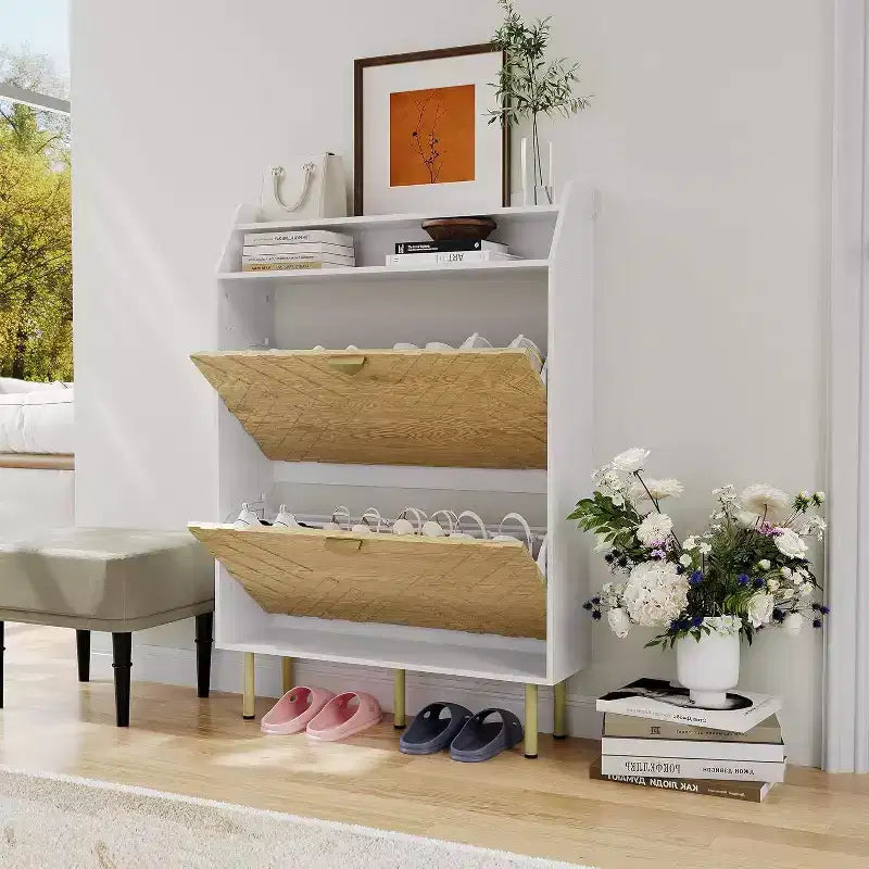 Scarpiera sottile con cassetti a ribalta, organizer per scarpe nascosto regolabile, mobile contenitore bianco per ingresso e corridoio, 45 H x 31.18 W x 9.17 D