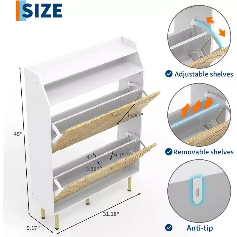 Scarpiera sottile con cassetti a ribalta, organizer per scarpe nascosto regolabile, mobile contenitore bianco per ingresso e corridoio, 45 H x 31.18 W x 9.17 D