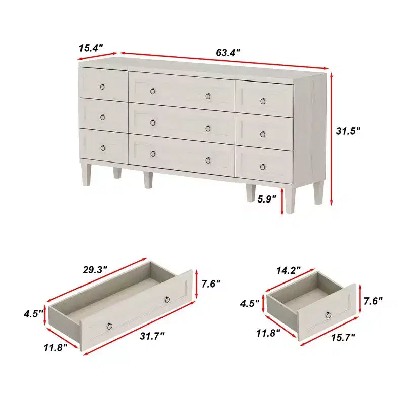 Comò grande a 9 cassetti con finitura effetto legno chiaro