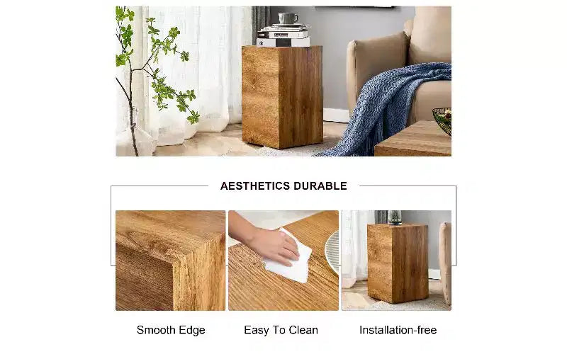 Tavolino da caffè in MDF con texture naturale e base a piedistallo