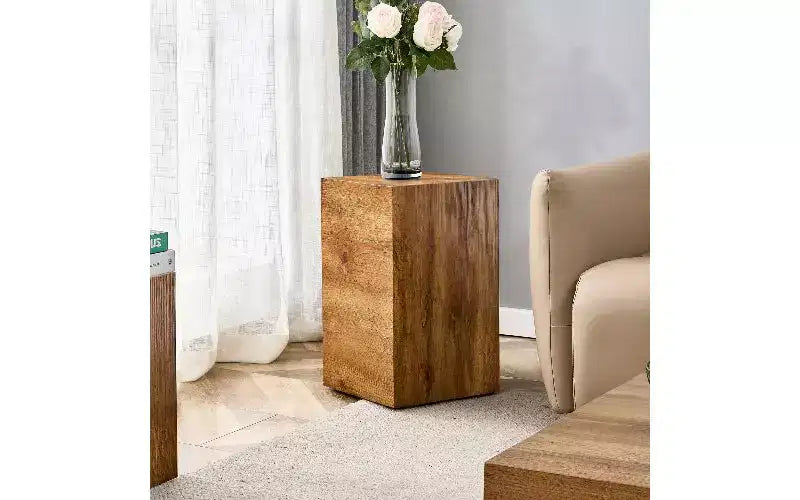 Tavolino da caffè in MDF con texture naturale e base a piedistallo