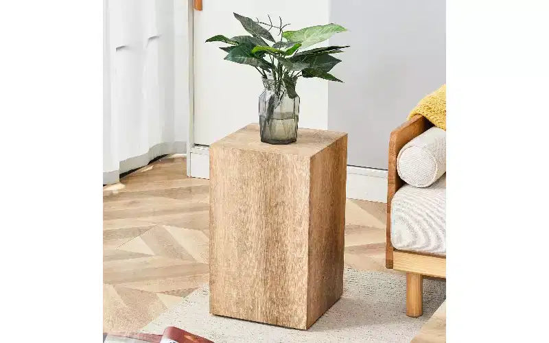 Tavolino da caffè in MDF con texture naturale e base a piedistallo