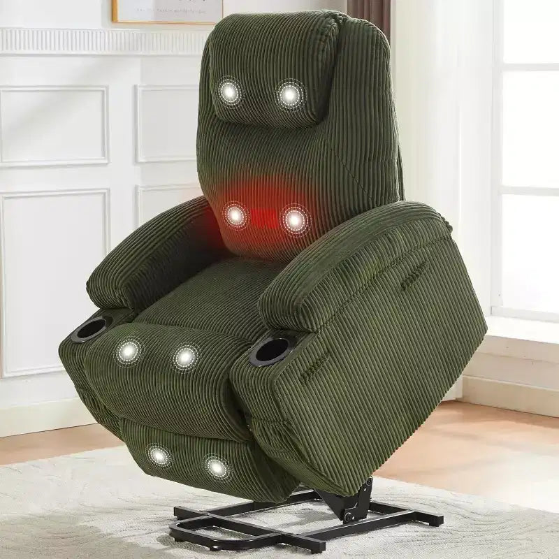 Recliner with Massage & Heat  155 Ergonomic Recline, Lift Assist, Dual Cup Holders & Side Pockets, Corduroy Fabric Comfort for Living Room