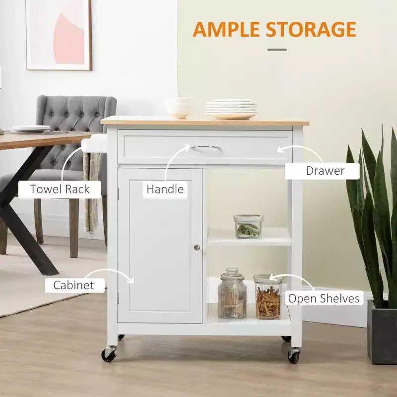 Carrello da Cucina/Isola con Cassetto Estraibile, Ripiani Regolabili e Ruote Bloccabili, 81 cm