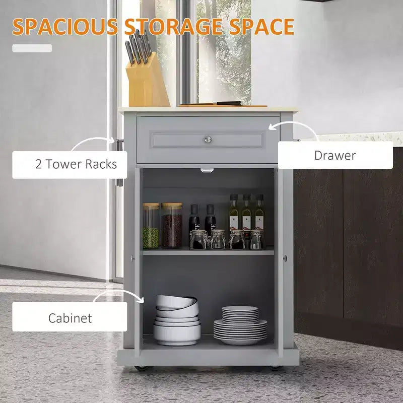 Carrello da cucina mobile grigio con armadietto e cassetti